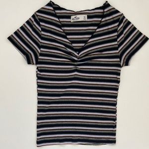 Hollister Short Sleeve Stripped Runched V-Neck Top